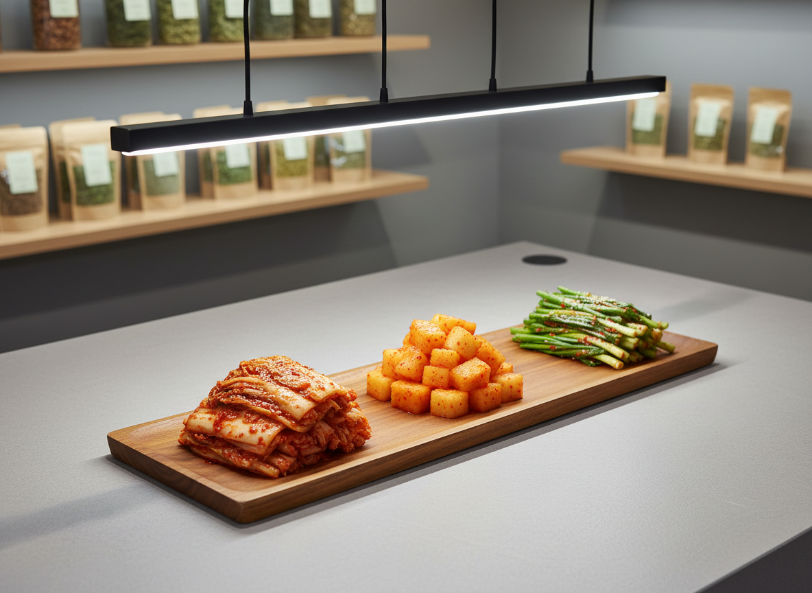 An elegant, rectangular wooden platter artfully arranged with a neat row of freshly made kimchi varieties—Baechu (Napa cabbage), Kkakdugi (cubed radish), and Pa (green onion)—each showcasing distinctive textures and natural colors. The platter is placed on a smooth, pale slate table with defined edges, against a softly blurred, modern-store backdrop featuring neutral shelves and Swiss alpine herbs. Gentle, cool LED pendant lighting from above creates soft, even highlights and subtle shadows, enhancing each kimchi’s texture. The atmosphere feels professional and curated, highlighting authenticity and taste. Shot with asymmetrical balance from an elevated three-quarter angle, with crisp detail and a clean, structured layout.