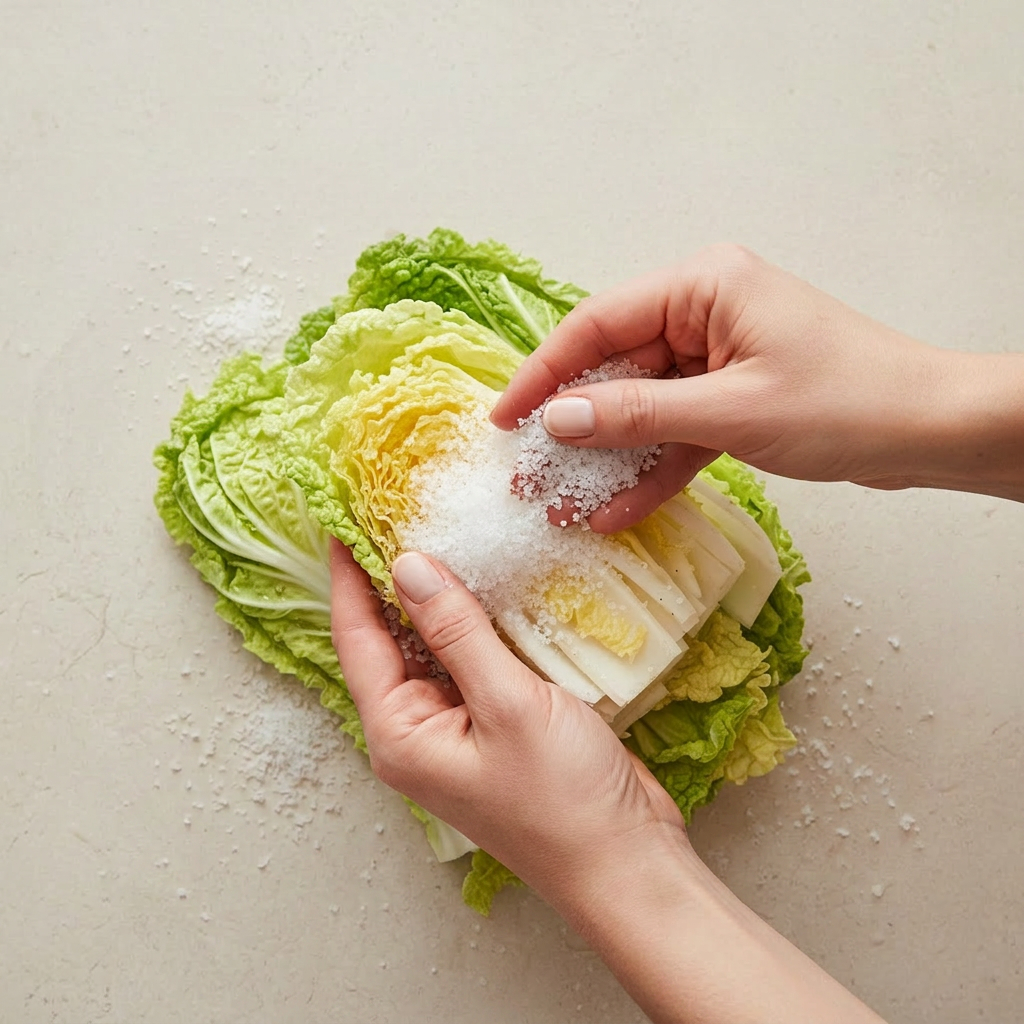 Bright, high-key square image of napa cabbage leaves and other kimchi vegetables being layered with coarse sea salt on a clean, pale beige surface. Hands are sprinkling large grains of sea salt between the cabbage layers. Soft, even daylight, minimal shadows, vivid but fresh red-orange and green tones that feel light, lively, and appetizing, matching the existing Seoul Taste process imagery.