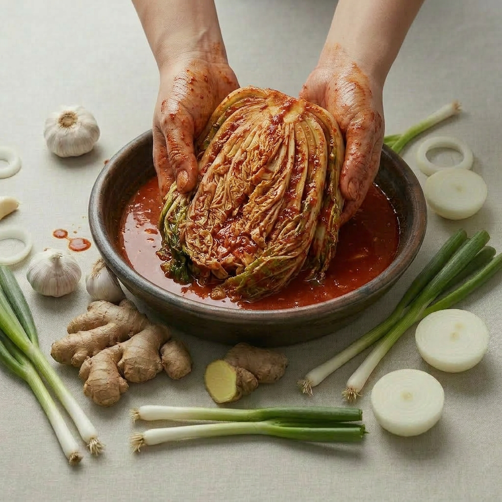 A bright, high-key overhead shot of fresh kimchi ingredients neatly arranged on a light beige background: halved and quartered napa cabbages, whole garlic cloves, slices and chunks of fresh ginger, white and light-green spring onions, and a few thinly sliced onions. No radishes or fruit. The style should feel fresh, clean, and modern, with soft shadows and vivid but natural colors that match a light beige and fresh orange brand palette.