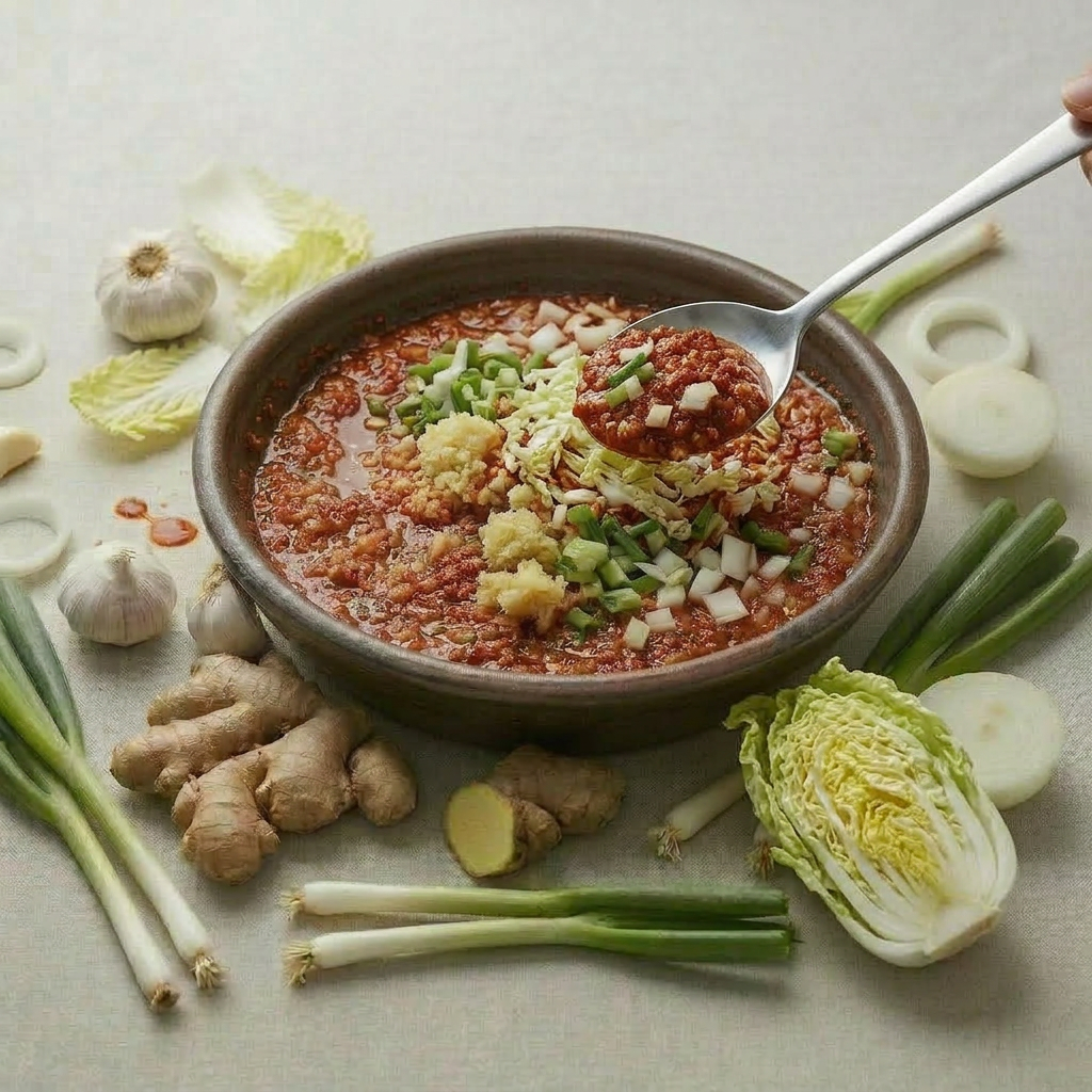 A bright, high-key overhead shot of fresh kimchi ingredients neatly arranged on a light beige background: halved and quartered napa cabbages, whole garlic cloves, slices and chunks of fresh ginger, white and light-green spring onions, and a few thinly sliced onions. No radishes or fruit. The style should feel fresh, clean, and modern, with soft shadows and vivid but natural colors that match a light beige and fresh orange brand palette.