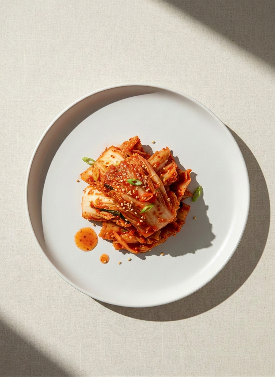High-key, bright overhead shot of a single serving of gourmet napa cabbage kimchi on a matte white plate, styled on a light beige tabletop with subtle texture. Soft, even daylight, minimal shadows, airy composition with fresh red-orange tones that feel lively and appetizing, matching a light beige and fresh orange brand palette. High-key, bright overhead shot of a single serving of gourmet napa cabbage kimchi on a matte white plate, styled on a light beige tabletop with subtle texture. Soft, even daylight, minimal shadows, airy composition with fresh red-orange tones that feel lively and appetizing, matching a light beige and fresh orange brand palette.