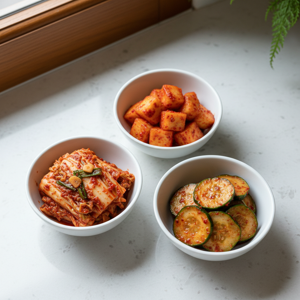An overhead view of three small-batch kimchi varieties arranged in pristine white ceramic bowls: classic napa cabbage, crunchy radish cubes, and delicate cucumber rounds, each richly coated in deep crimson gochugaru paste with visible flecks of garlic and scallion. The bowls form a refined arc on a pale stone countertop with a faint marbling pattern. Cool, natural daylight from a nearby window creates clean, crisp shadows and brings out the nuanced textures of the fermented vegetables. The background is intentionally uncluttered, photographic realism with sharp focus throughout, evoking a sophisticated tasting flight presentation for a high-end culinary brand.