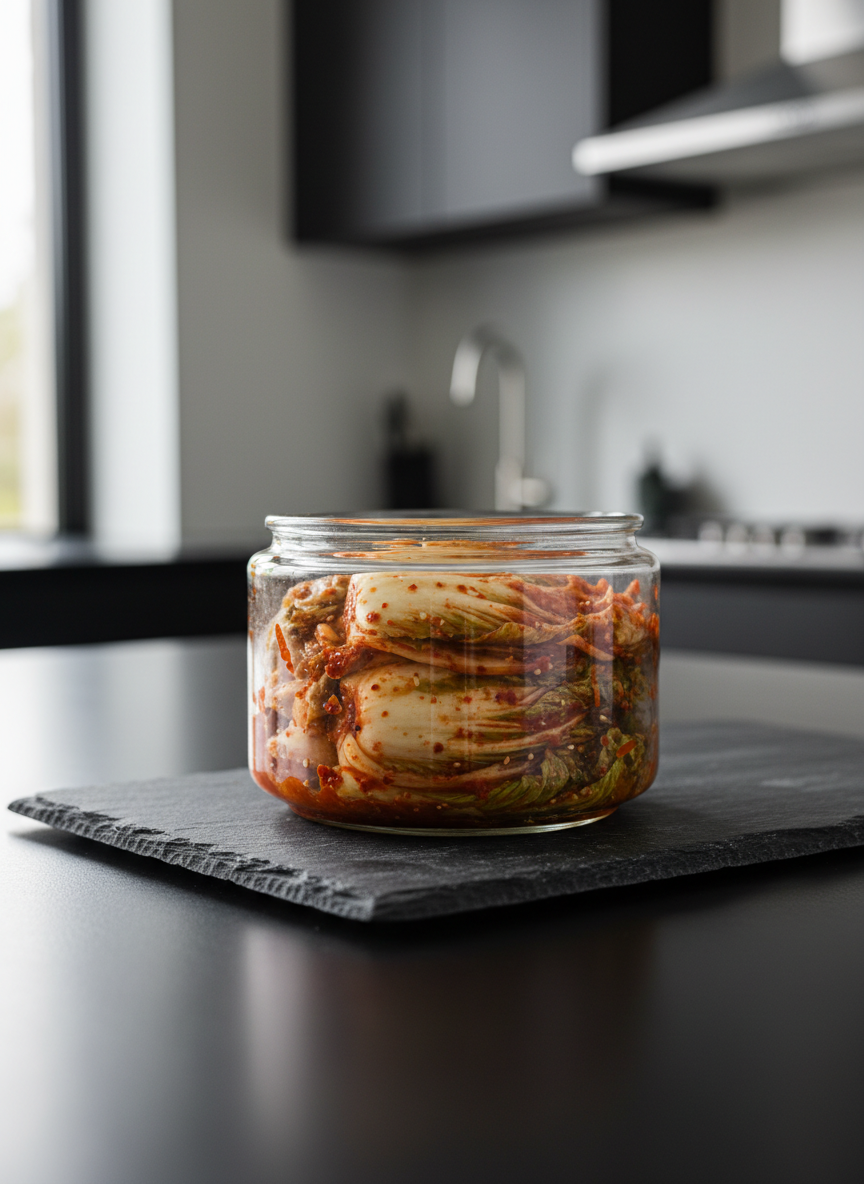 A wide, shallow glass jar of vibrant napa cabbage kimchi, tightly packed in neat layers, its chili-red seasoning glistening against the pale green and white leaves. The jar rests on a dark slate board atop a matte black countertop in a minimalist modern kitchen. Soft, diffused afternoon window light from the left creates gentle highlights on the glass and subtle reflections on the slate, while the background fades into an elegant blur of charcoal cabinetry and brushed steel fixtures. Photographic realism with a shallow depth of field, composed using the rule of thirds, conveys a sophisticated, refined mood that emphasizes the freshness and artisanal quality of the kimchi.