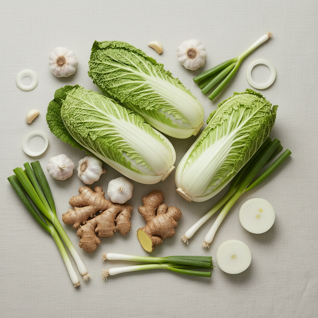 A bright, high-key overhead shot of fresh kimchi ingredients neatly arranged on a light beige background: halved and quartered napa cabbages, whole garlic cloves, slices and chunks of fresh ginger, white and light-green spring onions, and a few thinly sliced onions. No radishes or fruit. The style should feel fresh, clean, and modern, with soft shadows and vivid but natural colors that match a light beige and fresh orange brand palette.