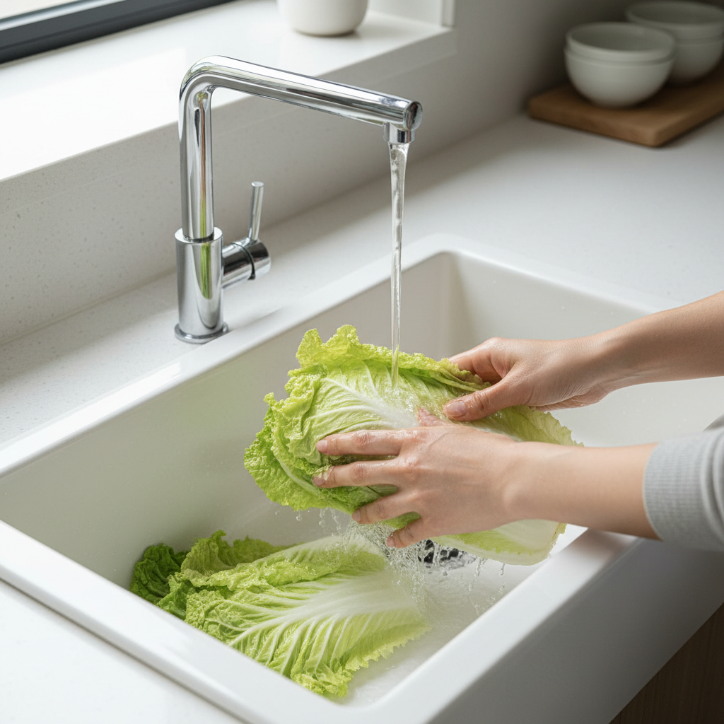 Bright, high-key overhead image of fresh napa cabbage leaves being washed in a clean kitchen sink or large basin, water running over the leaves, hands gently rinsing and handling the cabbage. Light, neutral background with a clean, modern look in the style of the existing Seoul Taste imagery.
