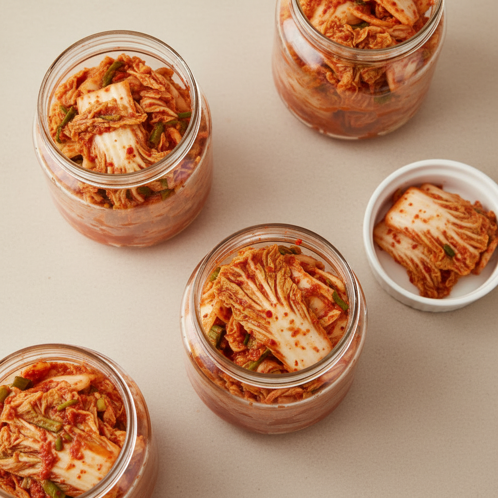 Bright, high-key overhead image of finished fermented napa cabbage kimchi neatly packed in clear glass jars and one small white serving dish, styled on a light beige surface. Soft, even daylight with minimal shadows and vivid but fresh red-orange kimchi tones that match the existing Seoul Taste step-by-step imagery.